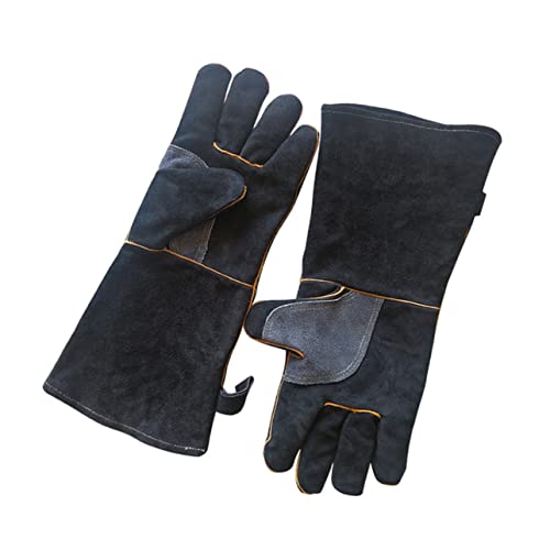 Alipis 1Pair Cowhide Heat Resistant Kitchen Mitts Non Slip Grilling Gloves for Cooking Baking and Microwave Use Black Oven Mitts for Home and Restaurant Use