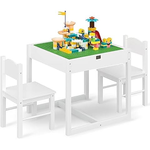 4NM 3 in 1 Kids Table Set, Children Tables and Chairs, Toddler Play Activity Table with Hidden Storage Wood Building Block Desk for Ages 3-7 - White Green Cover