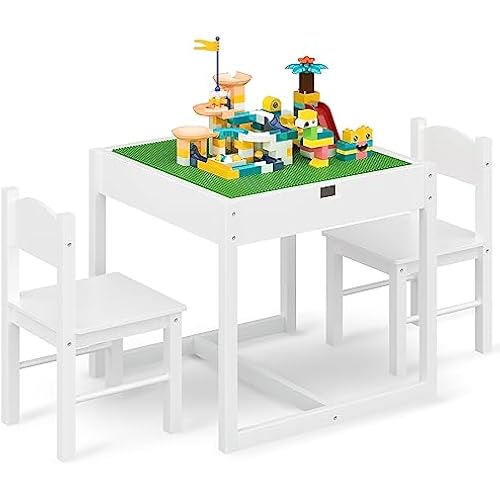 4NM 3 in 1 Kids Table Set, Children Tables and Chairs, Toddler Play Activity Table with Hidden Storage Wood Building Block Desk for Ages 3-7 - White Green