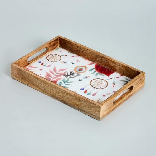 Image of SAAGA Rectangle Deep Dish Tray with Double Handle for Snack Serving in Attractive Prints - 12 Inch X 8 Inch - Mango Wood Kitchen Dining & Decoratives, Burnt Sienna