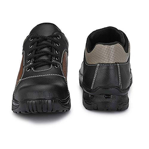 AEGON Thunder Men's Industrial Water Resistant Anti Skid Leather Safety Shoes with Steel Toe - Black & Brown, Size 6