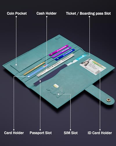 Image of FEDUS Leather Premium Long Currency Holder,Passport Holder for Unisex, Wallet with Card Holder,Id Card,Ticket,Currency,Boarding Pass Slots RFID Protected Travel Accessories Organiser, Cyan