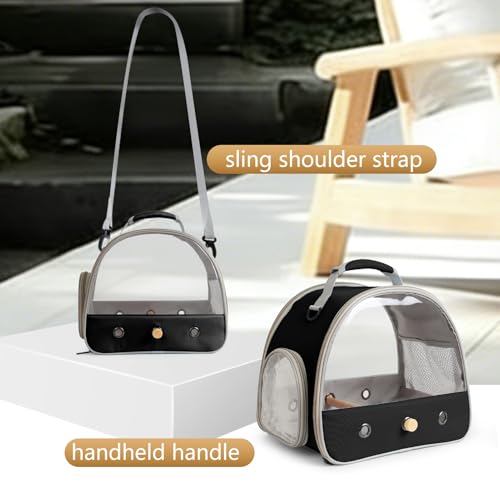 Image of Bird Carrier, Portable Small Bird Parrot Parakeet Carrier with Standing Perch and Stainless Steel Tray, Side Access Window Collapsible (Black, Clear Windows)
