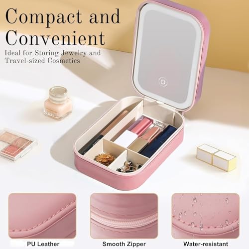 Image of APOPHIS Small Travel LED Makeup Mirror Case with 3 Adjustable Color Light Settings, Dust-Proof Jewelry Box, Mini Cosmetic Train Case Ideal for Short Trips, White, Cosmetic Bag with Led Mirror (Pink)