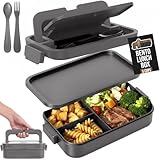 GORILLA GRIP BPA-Free Leakproof 3-Compartment Bento Lunch Box for Adults, Kids, Microwave Safe Hot and Cold Food Containers, Easy to Carry Lid Includes Built-In Utensils Set, 1 Tier Style, Gray