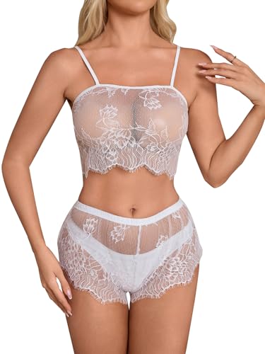 Image of SOLY HUX Women's Floral Lace Sheer Bra and Panty 2 Piece Lingerie Set | See Through, Mesh, Sexy BoyShorts