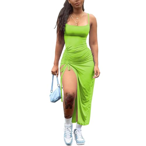 Image of Nimsruc Womens Sexy Summer Dresses Spaghetti Strap Thigh-high Slit Ruched Bodycon Maxi Club Cocktail Party Dress