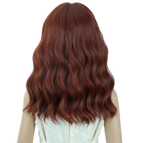 Image of Dark Orange Wig Short Orange Wavy Curly Wigs Wig with Air Bangs Synthetic Cosplay Hair Wigs