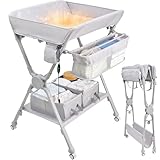 Baby Changing Table, Auto Warmer Portable Folding Changing Table with Wheels, Waterproof Diaper Changing Station with 2 Drawers, Adjustable Height, Baby Changing Station for Infant, Newborn