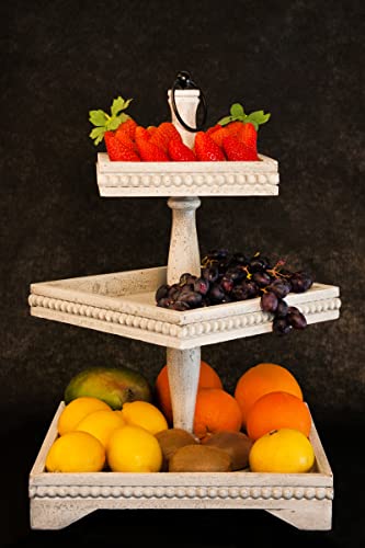 Kefo Three Tiered Beaded Tray Decor Stand - 12 X 18 Inch Large White Wooden 3 Tiered Tray Stand - Decorative Rustic Distressed 3 Tier Tray Decor Table Centerpiece - Tiered Serving Tray For Home Decor #TOP4