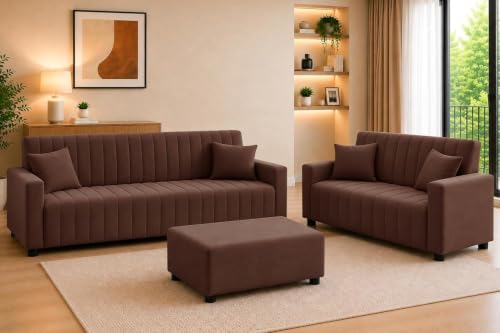 Image of Rosebell 3+2 Fabric Sofa Set with Ottoman | Velvet Upholstery 5 Seater Sofa | with Printed Cushions | Living Room Furniture | - Brown Color