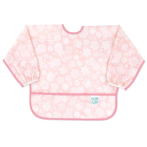 Image of Bumkins Sleeved Bib for Girl or Boy, Baby and Toddler for 6-24 Mos, Essential Must Have for Eating, Feeding, Baby Led Weaning Supplies, Long Sleeve Mess Saving Food Catcher, Soft Fabric, Lace Pink