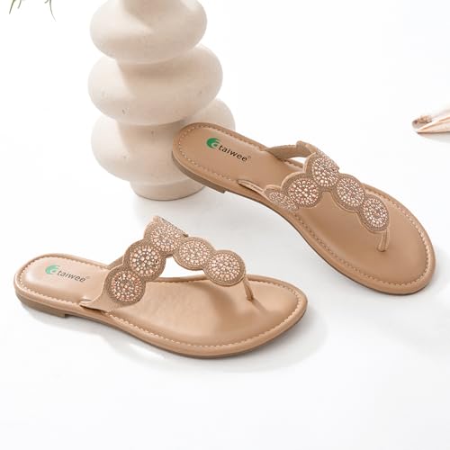 Image of Ataiwee Women's Bohemian Bling Flat Slide Sandals - Casual Summer Thong Sandals with Rhinestone Decor, Rubber Sole, Lightweight & Comfortable for Casual Attire Strappy Sandals.