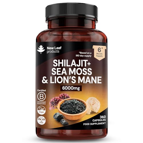 Shilajit Seamoss and Lions Mane Capsules 6000mg - High Strength Complex - 60% Fulvic Acid Shilajit Irish Sea Moss Lions Mane 100% Fruiting Body - Vegan UK Made 360 Capsules