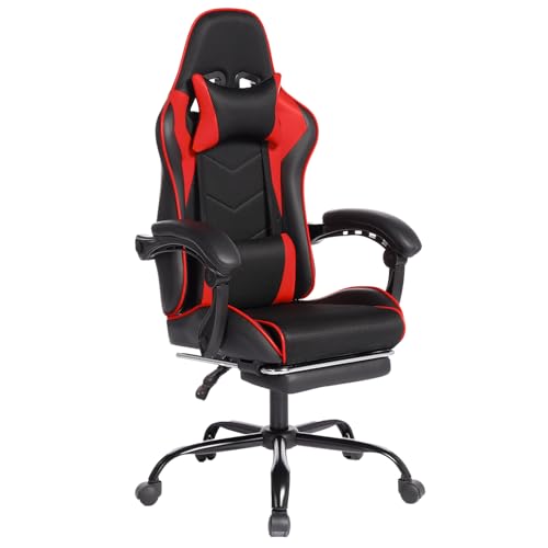 Image of Gaming Chair with Headrest and Lumbar Support, High Back Leather Computer Office Desk Chair with Footrest, 360 Swivel Height Adjustable Recliner Game Chair (Red Black)