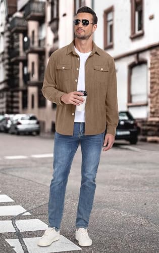 Image of Askdeer Men's Corduroy Button Down Shirts Long Sleeve Casual Shacket Jacket Western Corduroy Shirt Jacket with Flap Pockets