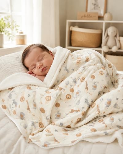 Image of EVERYDAY KIDS Large Ultra Jungle Safari Animals Minky Baby Blanket for Boys Mink and Sherpa Toddler and Baby Boy Blanket Measures 30 x 40 inch; Safari Animal Baby Nursery Decor