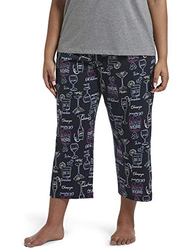 HUE Women's Plus Size Printed Knit Capri Pajama Sleep Pant, Total Eclipse-Drink Them Up, 1X