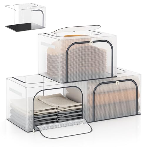 Bubimon Large Size 66L 3 Pack Clothes Storage Bin with Metal Frame, Stackable & Foldable Box with Lids, Closet Organizers And Storage For Bedding, Cap, Sweater (Fully Transparent)