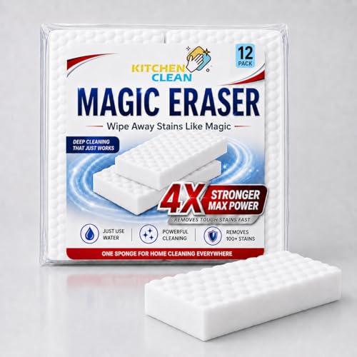 Image of Kitchen Clean 4X Magic Eraser Sponge Pack of 12, Multipurpose Melamine Cleaning Sponge for Kitchen Grease, Walls, Bathroom Taps, Lime Scale, Shoes & Glass