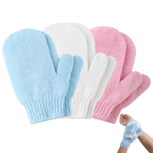 Exfoliating Gloves 6PCS Bath and Body Exfoliating Gloves Wash Gloves for Body Removes Ingrown Hairs and Dead Skin Cells Suitable for Shower Massage SPA(White+Blue+Pink)