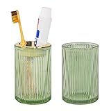 Tonxus Toothbrush Holders for Bathrooms, 2pcs Glass Toothbrush Holder, 12oz Bathroom Tumbler and Mouthwash Cup, Tooth Brush and Toothpaste Organizer for Bathroom Vanity Countertop (Green Gold)