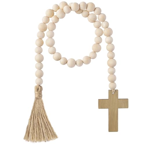 L1rabe Easter Wooden Bead Garland - Easter Jesus Cross Ornaments Spring Hanging Decor Fireplace Ornaments Farmhouse Tiered Tray Prayer Bead for Spring Holiday Party Boho Chic Wall Hanging Home Decor