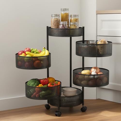 Image of BonKaso 6-Layer Round Multipurpose Kitchen Trolley with Swivel Storage Basket & 360 Rotating Wheels, Black Steel Frame, Easy Mobility, Space-Saving and Durable