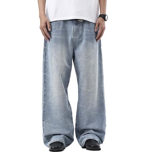Men's Vintage Baggy Jeans Y2K Wide Leg Loose Fit Skater Denim Pants for Casual Hip Hop Streetwear