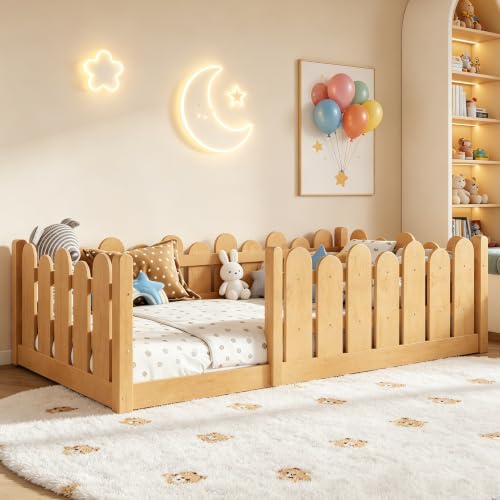 Image of Bellemave Twin Size Kids Montessori Floor Bed,Floor Bed Frame with Rounded Safety Guardrail,Solid Wood Montessori Bed for Girls Boys,Natural