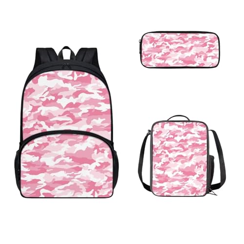 Zaino per bambini per la scuola Sachool zaino con portapranzo e astuccio 3 pezzi Colore: mimetico. 17 pollici rosa