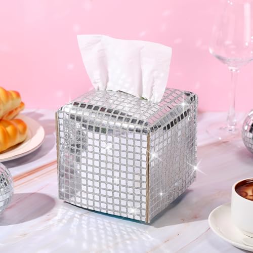 CroBlissful Disco Ball Tissue Box Cover Glitter Silver Square Rectangular Bling Paper Holder Sparkle Tissue Box for Bathroom Vanity Countertop Tabletop Car Office(1 Pcs,Small)