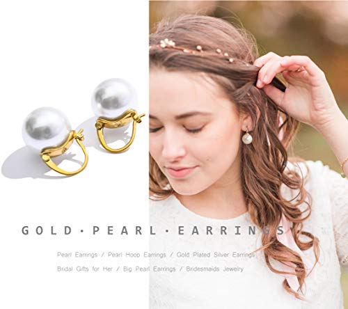 14K Gold Plated 925 Sterling Silver 14mm White Round Pearl Drop Earrings for Women Lightweight Dangle Hoop Earrings for Wedding Minimalist Jewellery for Christmas Jewelry Plated with Gold, Silver3