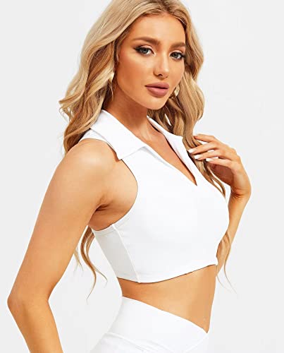 Tzldn Womens Golf Tennis Tank Racerback Padded Sleeveless Workout Crop Tops Polo Sports Shirts V-Neck With Collar White - X-Small #TOP2