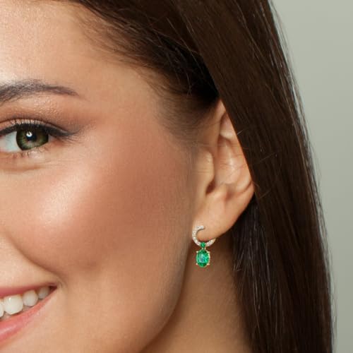 Peora 14K Yellow Gold Created Colombian Emerald and Lab Grown Diamond Open Hoop Drop Earrings, 2.80 Carats Total Oval Shape 8x6mm, Friction Backs, Emerald Gold Earrings, May Birthstone2