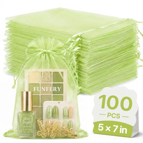 Image of FUNFERY 100PCS Apple Green Organza Gift Bags 5x7in,Drawstring Jewelry Pouch
