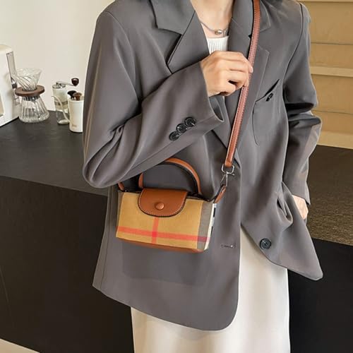 Mini Plaid Canvas Handbag for Women PU Leather Top Handle Checked Bucket Hand Bag3