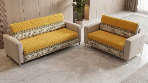 Image of KINGLY Sofa Cover 5 Seater 3+2 Velvet Full Cover - Mustard Yellow | Fully covered quilted velvet slipcover, washable anti-slip thick furniture protector for 3+2 living room sofa
