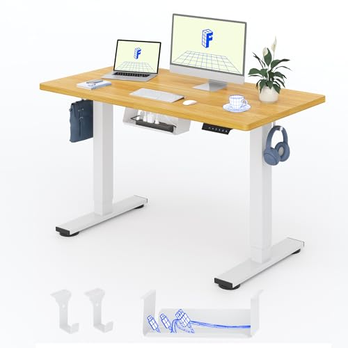 FLEXISPOT Bureau Assis Debout 120x60cm Une Pièce, Bureau Réglable en Hauteur Électrique, Bureau Informatique avec Crochet, Max Charge 70kg (Cadre Blanc+Plateau Érable)