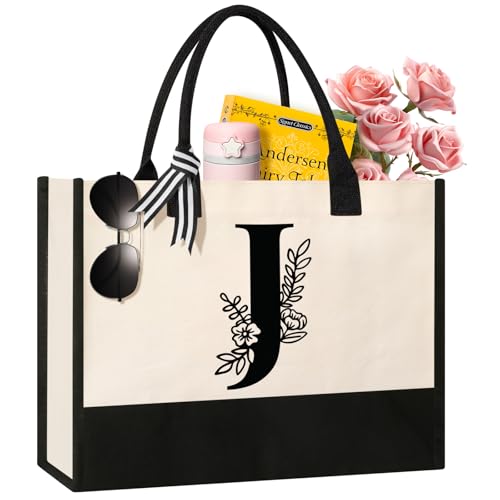 Image of Tecanne Personalized Initial Canvas Tote Bag, Suitable for Birthday, Wedding, Beach, Holiday, Gifts for Women, Mom, Teachers, Nurses, Best Friends, Bridesmaids (J)