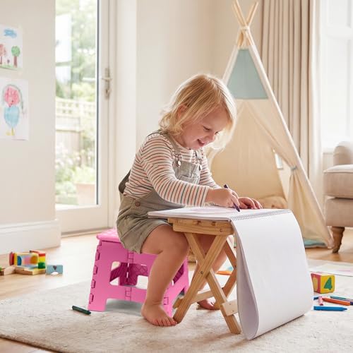 Image of Dyforce Kids Step Stool 9 Inch, 300lbs Folding Step Stool for Toddler | Step stool Pink,Anti-slip Heavy Duty Stool with Handle, Lightweight Foldable Foot Stool for Bathroom Kitchen Bedroom Outdoor