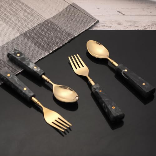 THE HOME CO. Grey Resin Cutlery Set of 12 Stainless Steel Resin Handle Serving Spoons | 100% Food Grade, 6 Pcs Spoon & 6 Pcs Fork Sets for Kitchen & Dinning (2″ X 1.5″ X 4.5″)