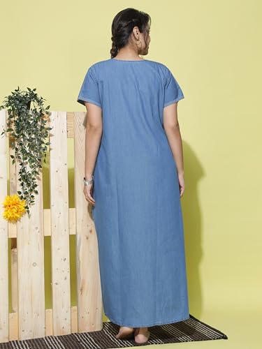 Image of 9shines Label Stylish Denim Cotton Nighty Maxi for Women | Full Length Trendy Nightgown | Premium Nightdress | Nightwear | Embroidery Nighty with Pocket (9SDS)