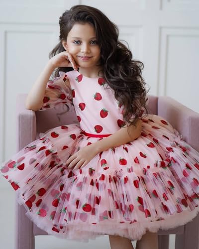 Strawberry Printed Toddler Party Gowns Short Lantern Sleeves Flower Girl Dresses3