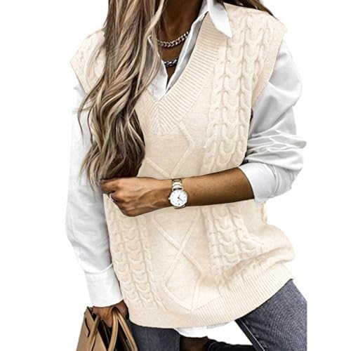 Image of Women's Sweater Vest,Long Cable Loose Knitted Sleeveless V Neck Casual Sweaters Tank Top S~XL