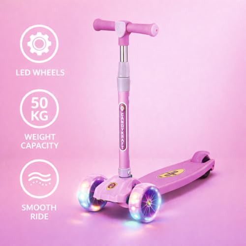 Image of Kids Foldable Kick Scooter with 4 Level Adjustable Height & LED PU Wheels | for Ages 3-14 Years | Rear Brake | 50 kg Weight Capacity | Color Pink