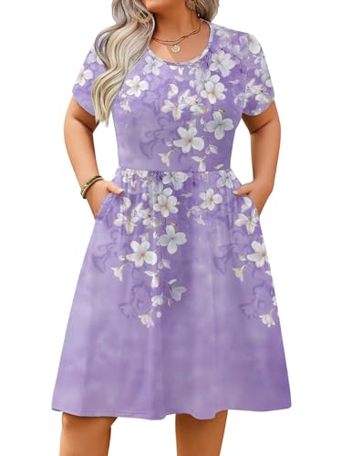 Image of IN'VOLAND Womens Plus Size Summer Dress Short Sleeve Casual Mini Dresses Empire Waist T-Shirt Dress with Pockets