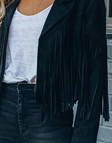 Chartou Women's Chic Cropped Tassel Fringe Faux Suede Moto Jacket (Medium,Black) #TOP5