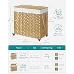 SONGMICS Laundry Hamper with Lid, 37 Gallons (140 L), Rolling Laundry Basket with Wheels, 3-Section Synthetic Rattan, Removable Liner, Bedroom, 26 x 13 x 26 Inches, Natural ULCB363N01 - Image 5