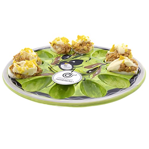 CERÁMICA RAMBLEÑA | Huevera | Plato huevos rellenos | Bandeja cerámica | Huevos rellenos | Huevos plato | Huevera amazon | Plato huevos modelo - M03 | Decoración 100% hecho a mano | 26x26x2.5 cm